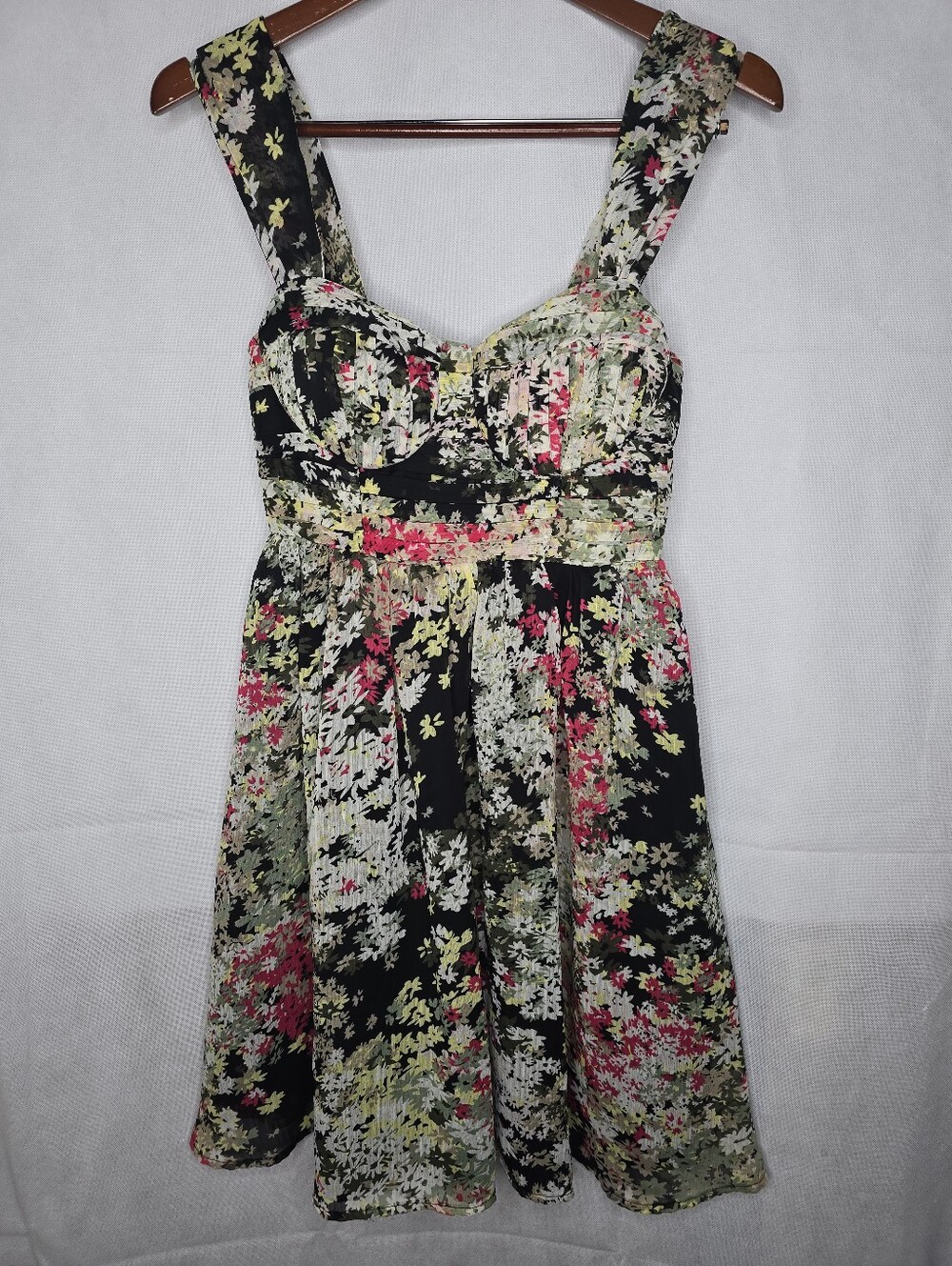 Candie's Floral Fit Flare Dress Black Pink Sweetheart Neck Romantic Y2K S